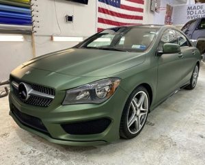 Mercedes CLA250 Wrapped in Avery Dennison SW Matte Moss Green Metallic Vinyl