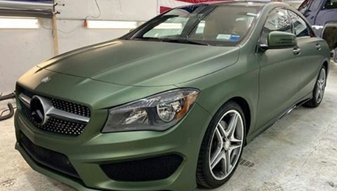 Mercedes CLA250 Wrapped in Avery Dennison SW Matte Moss Green Metallic Vinyl