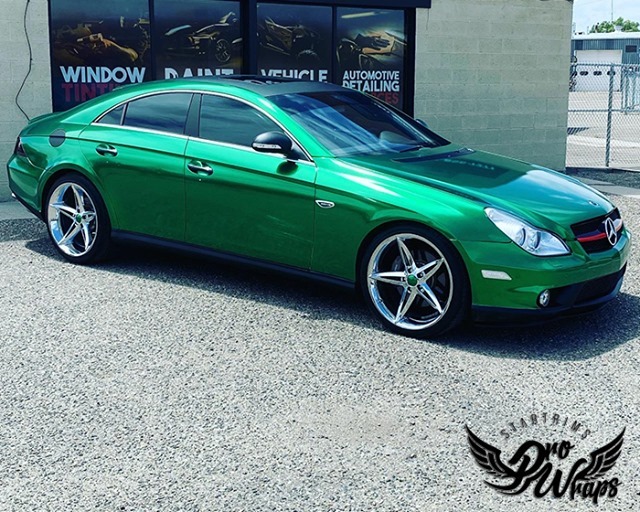 Mercedes CLS500 Wrapped in Avery Dennison SW Gloss Radioactive Metallic and Black Vinyls