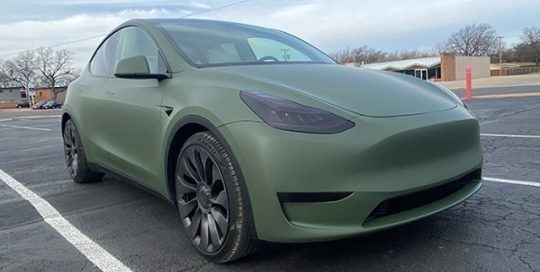 Tesla ModelY Wrapped in 3M Matte Military Green Vinyl