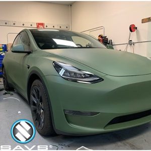 Tesla ModelY Wrapped in Avery Dennison SW Matte Olive Green Vinyl