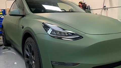 Tesla ModelY Wrapped in Avery Dennison SW Matte Olive Green Vinyl