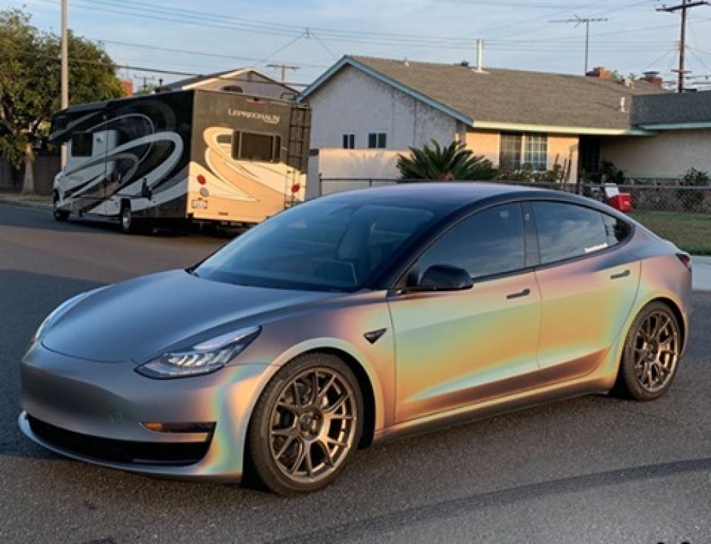 Tesla Model3 Wrapped in Avery Dennison SW Satin Yellow Vinyl Vinyl
