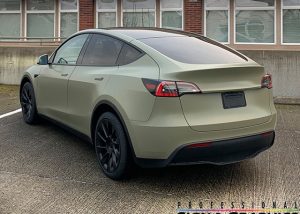 Tesla Wrapped in Avery Dennison Satin Khaki Green Vinyl
