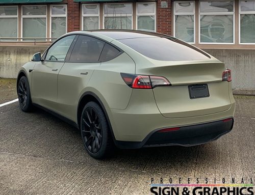 Tesla Wrapped in Avery Dennison Satin Khaki Green Vinyl